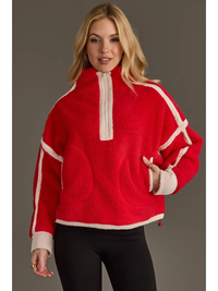 PANACHE: RED & BEIGE HALF ZIP SHERPA FLEECE SWEATSHIRT