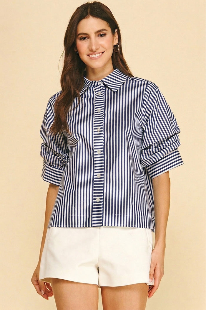 PINCH: RUCHED SLEEVE STRIPED BUTTON DOWN TOP - NAVY