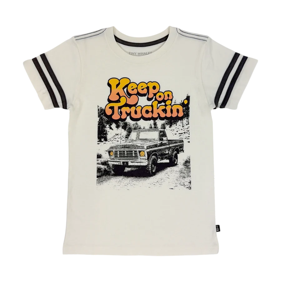 TINY WHALES: KEEP ON TRUCKIN' FOOTBALL TEE - PARCHMENT/VINTAGE BLACK