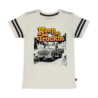 TINY WHALES: KEEP ON TRUCKIN' FOOTBALL TEE - PARCHMENT/VINTAGE BLACK