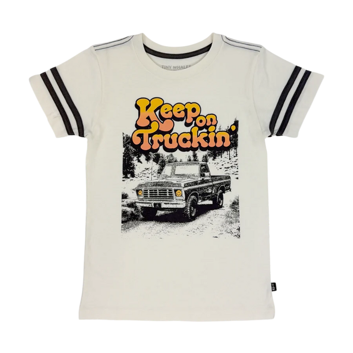 TINY WHALES: KEEP ON TRUCKIN' FOOTBALL TEE - PARCHMENT/VINTAGE BLACK