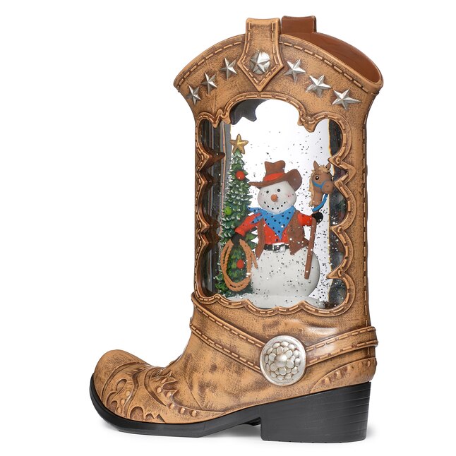 ROMAN: 10.25" LIGHTED SWIRL SNOW GLOBE BOOT WITH COWBOY SNOWMAN