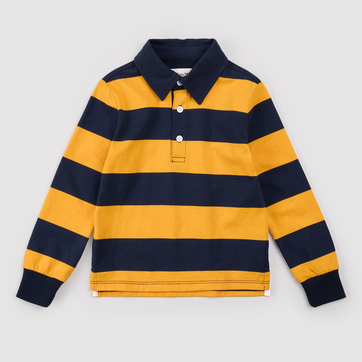 MILES THE LABEL: BLUE AND SPRUCE YELLOW STRIPED RUGBY POLO