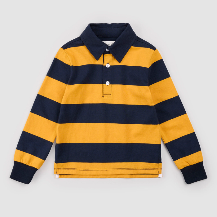 MILES THE LABEL: BLUE AND SPRUCE YELLOW STRIPED RUGBY POLO