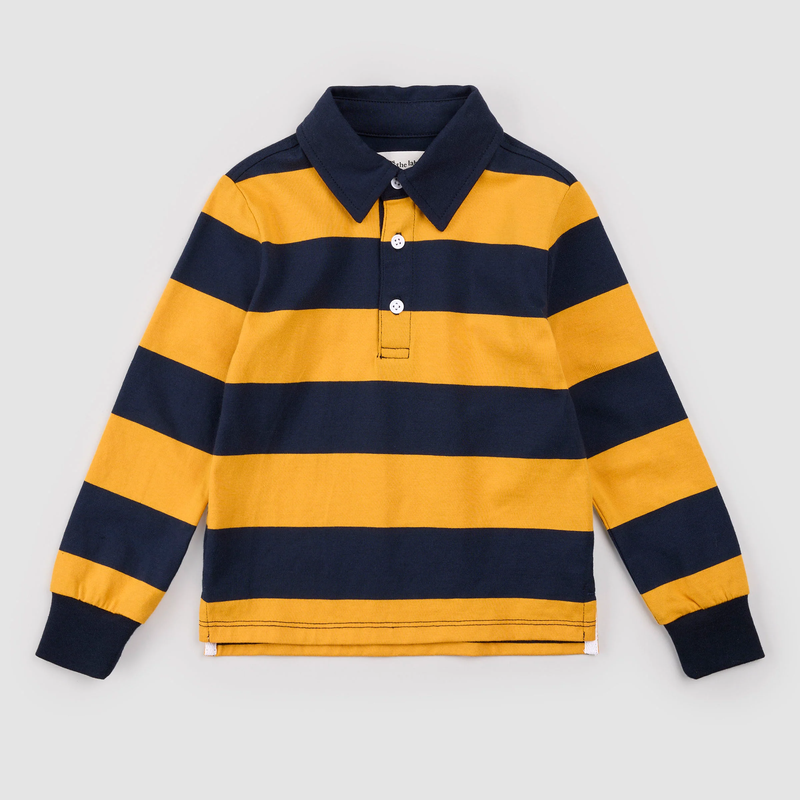 MILES THE LABEL: BLUE AND SPRUCE YELLOW STRIPED RUGBY POLO