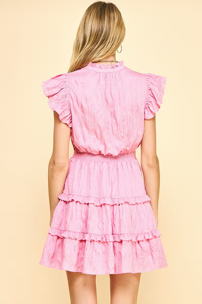 CRINKLED TIERED MINI DRESS - PINK