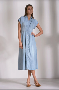 ELAN: CAP SLEEVE MIDI DRESS - CHAMBRAY