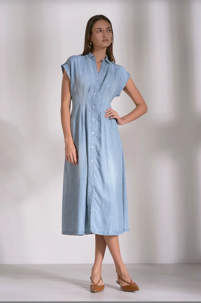 ELAN: CAP SLEEVE MIDI DRESS - CHAMBRAY