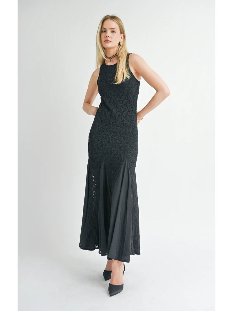 SAGE THE LABEL: JOURNEY CONTRAST GODET LACE MAXI DRESS - BLACK