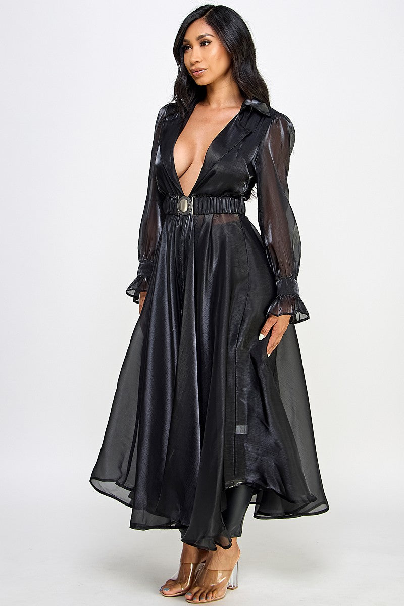 ORGANZA SHEER MESH COAT DRESS WITH BELT- BLACK