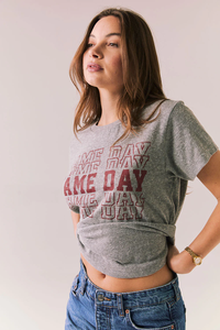 CHASER: GAME DAY TEE – GRAY VINTAGE-STYLE TEE WITH MAROON GRAPHIC