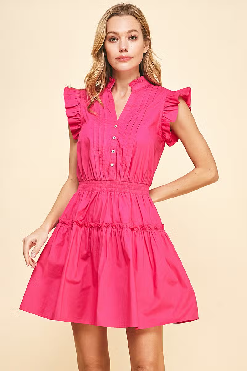 PLEATED RUFFLE MINI DRESS - POP PINK