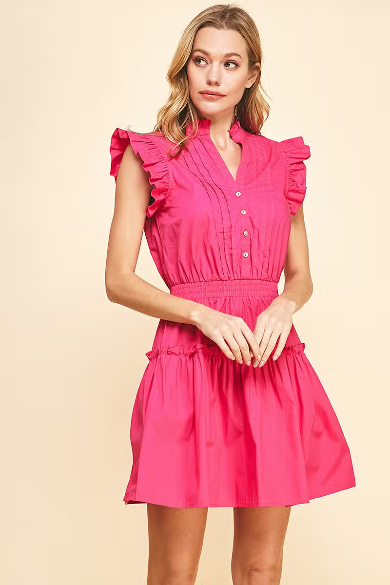 PLEATED RUFFLE MINI DRESS - POP PINK