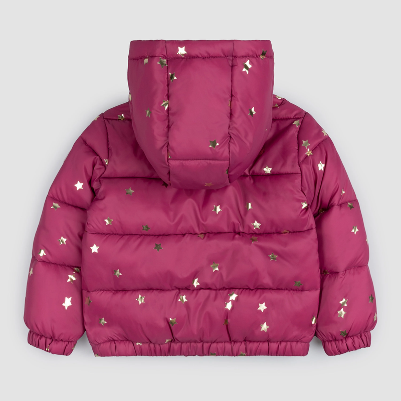 MILES THE LABEL: STAR PRINT ON MAGENTA HOODED PACKABLE JACKET WITH MATCHING BAG