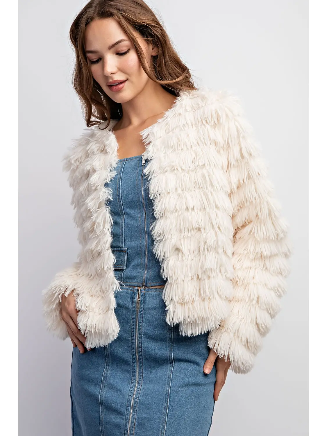 FAUX FUR FRONT OPEN JACKET - IVORY