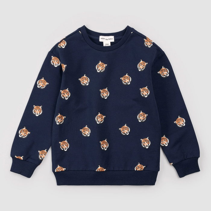 MILES THE LABEL: GO TIGERS PRINT ON BLUE SWEATSHIRT - NAVY