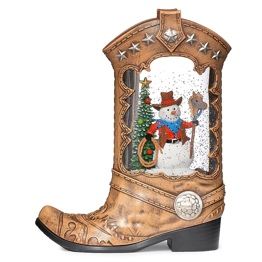 ROMAN: 10.25" LIGHTED SWIRL SNOW GLOBE BOOT WITH COWBOY SNOWMAN