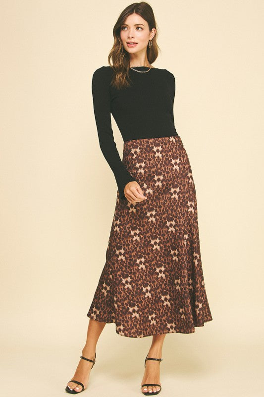 PINCH: LEOPARD SILKY BLOCK DETAILED MIDI SKIRTS