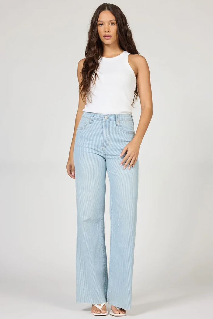 DEAR JOHN: FIONA HIGH RISE WIDE LEG CUT OFF HEM JEAN - RAILROAD STRIPES