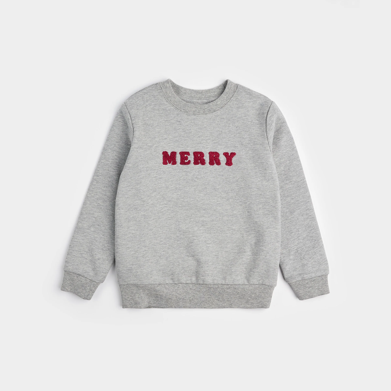 PETIT LEM: MERRY IN CHENILLE ON HEATHER GREY FLEECE SWEATSHIRT