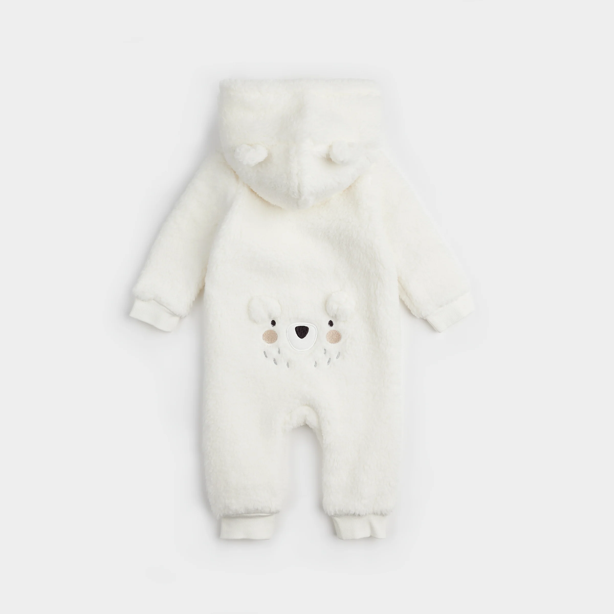 PETIT LEM: POLAR BEAR ON HOODED SHERPA PLAYSUIT - OFF WHITE