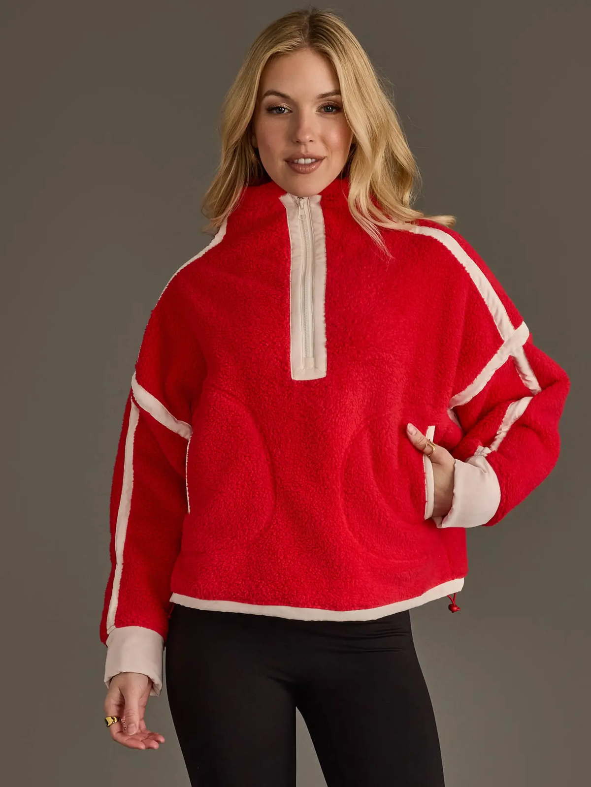 PANACHE: RED & BEIGE HALF ZIP SHERPA FLEECE SWEATSHIRT