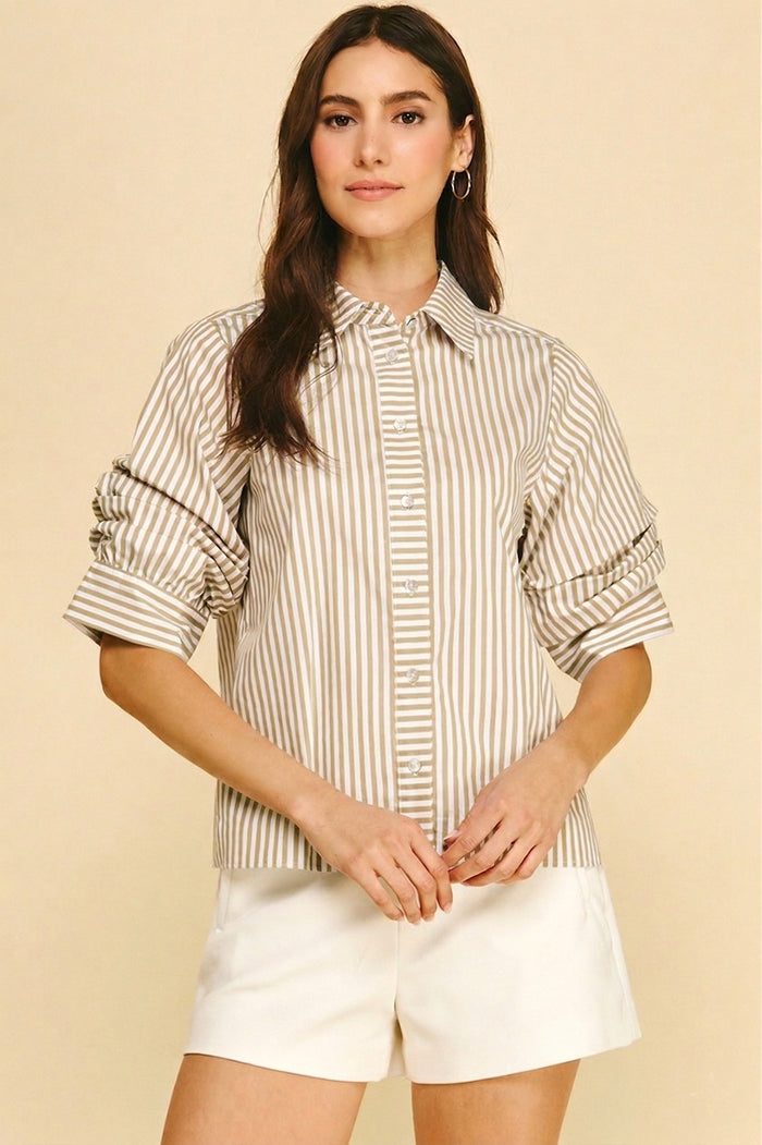 PINCH: RUCHED SLEEVE STRIPED BUTTON DOWN SHIRT - KHAKI
