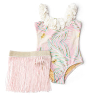 SHADE CRITTERS: PINK & GREEN METALLIC GIRLS HULA ONE PIECE & SKIRT SWIM SET