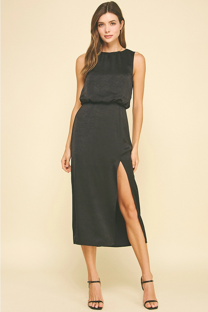 PINCH: SILKY SIDE SLIT MIDI DRESS - BLACK