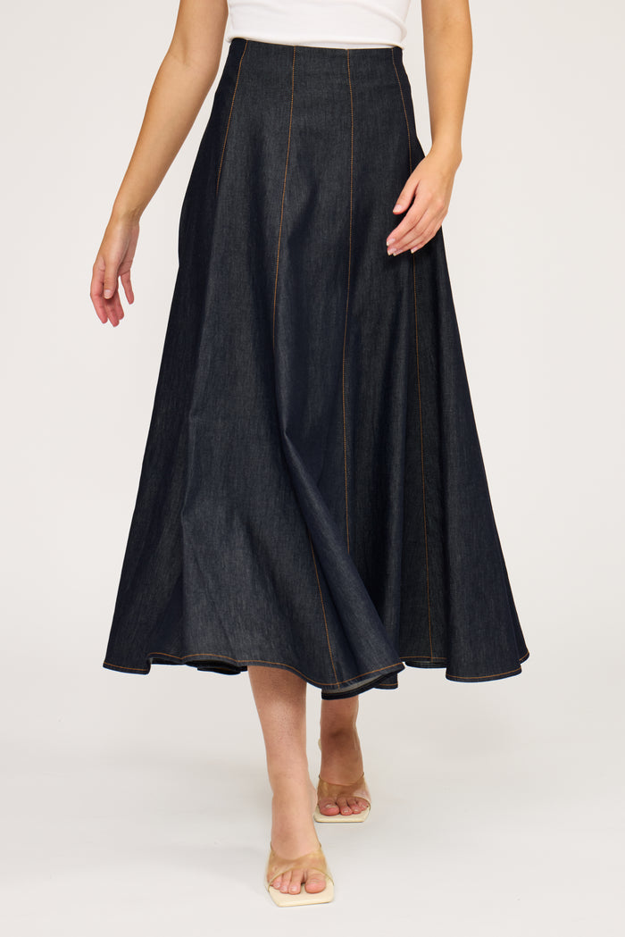 LUCY PARIS: NOVA CIRCLE SKIRT - DARK WASH DENIM