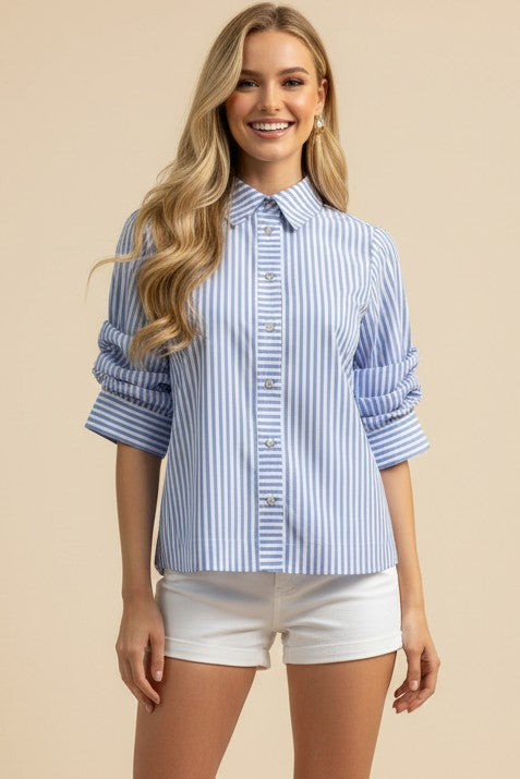 PINCH: RUCHED SLEEVE STRIPED BUTTON DOWN TOP - LIGHT BLUE