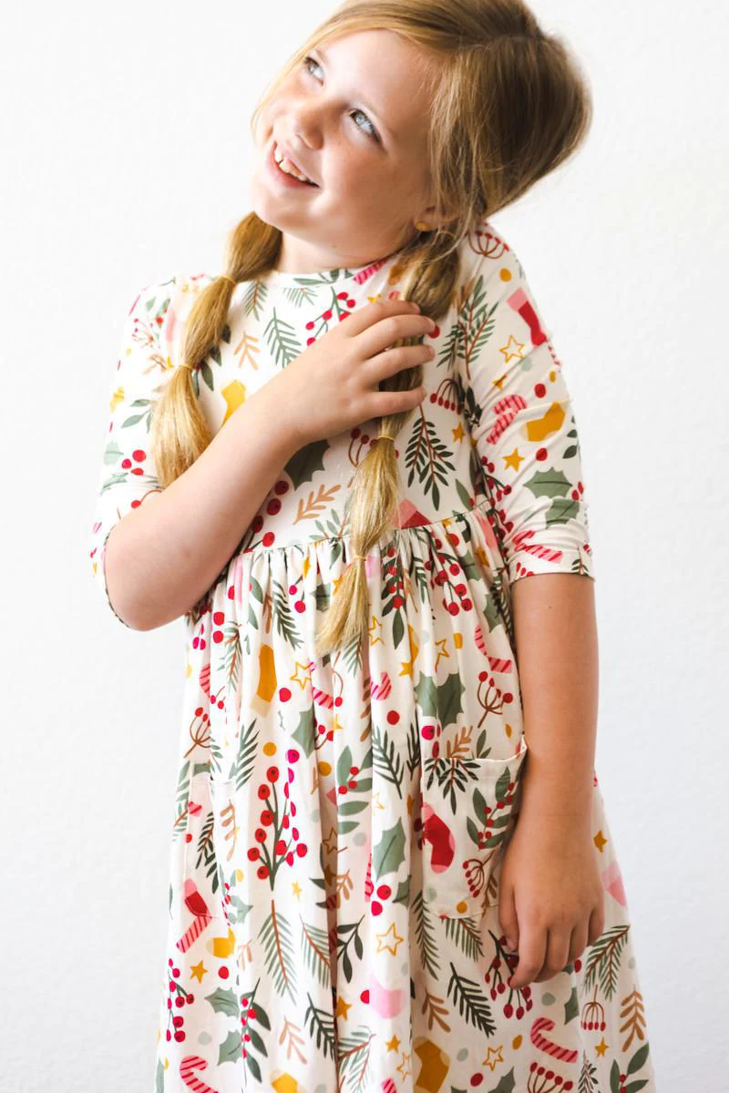 MILA & ROSE: HOLLY JOLLY CHRISTMAS 3/4 SLEEVE POCKET TWIRL DRESS