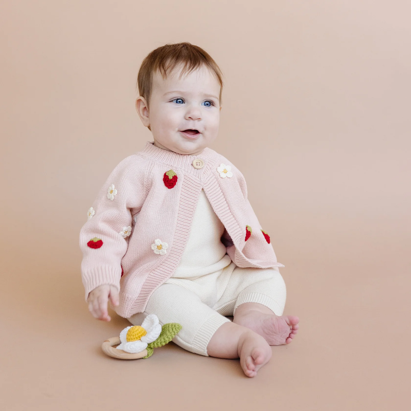 THE BLUEBERRY HILL: COTTON STRAWBERRY FLOWER CARDIGAN - BLUSH