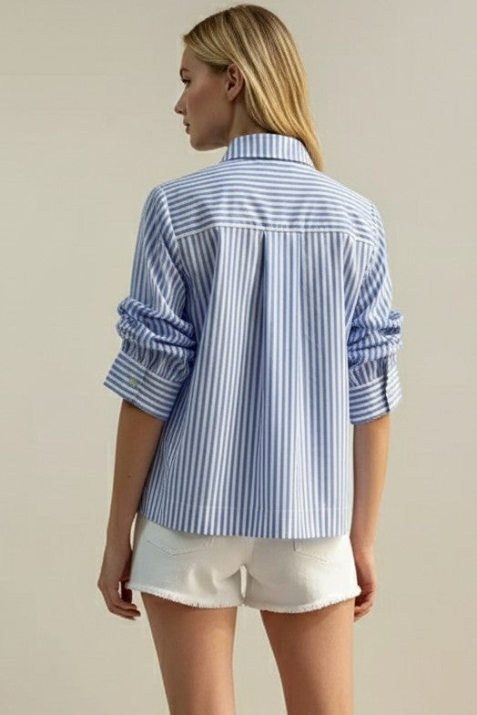 PINCH: RUCHED SLEEVE STRIPED BUTTON DOWN TOP - LIGHT BLUE