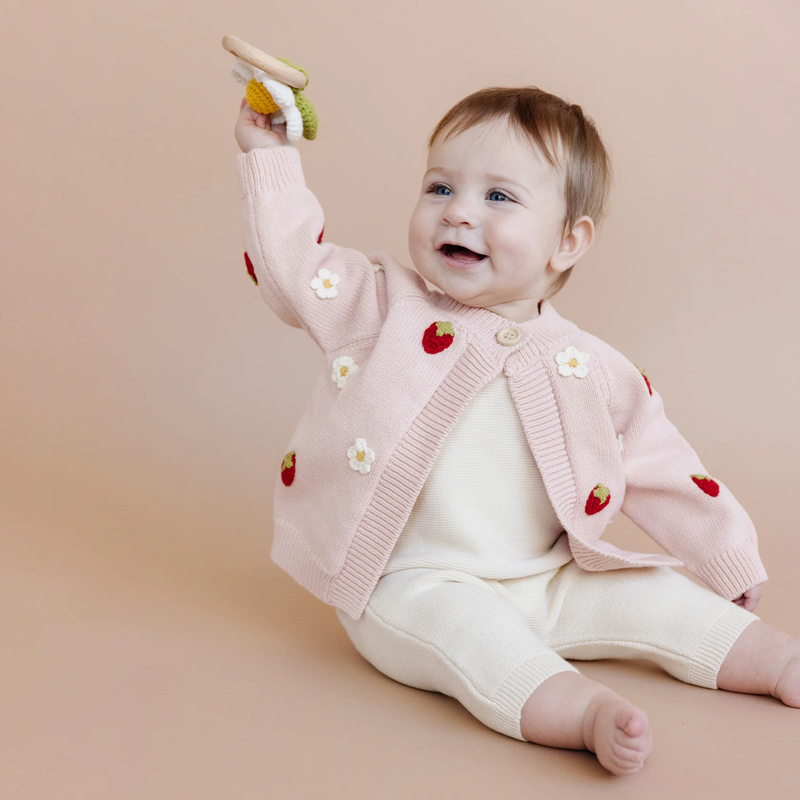 THE BLUEBERRY HILL: COTTON STRAWBERRY FLOWER CARDIGAN - BLUSH