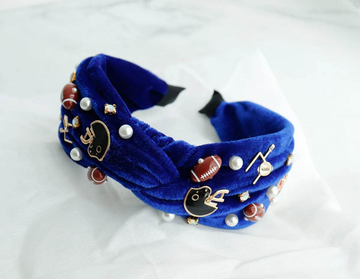 VELVET FOOTBALL CHARM KNOTTED HEADBAND - BLUE