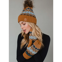 PANACHE APPAREL: CAMEL, BLACK, WHITE & BLUE PATTERNED POM HAT