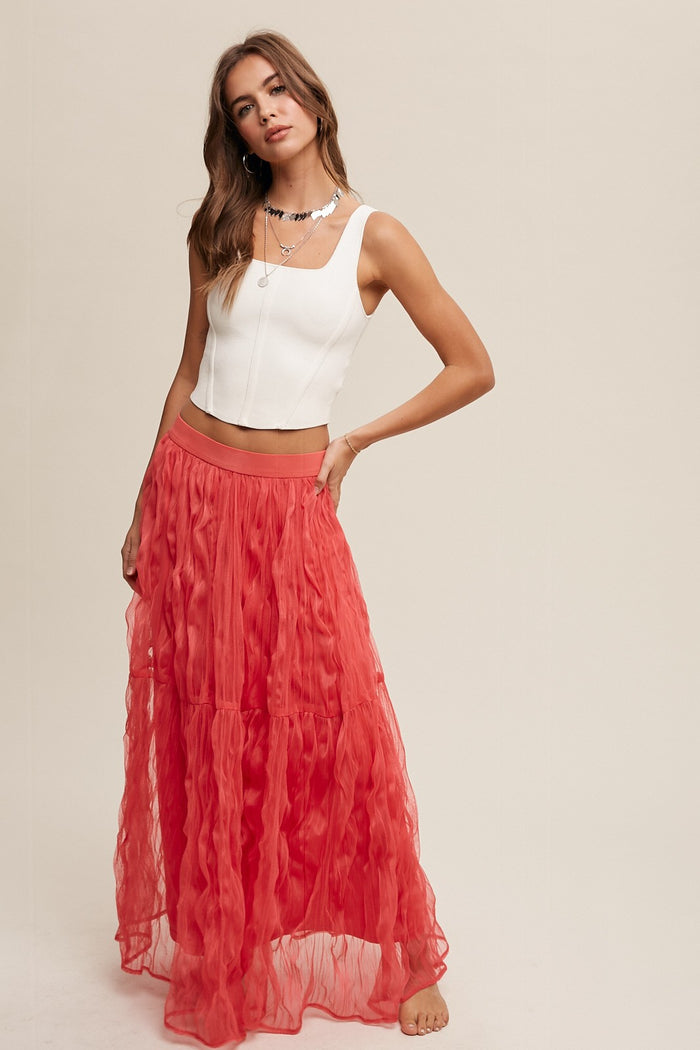 RUFFLED PLISSE MAXI SKIRT - CORAL