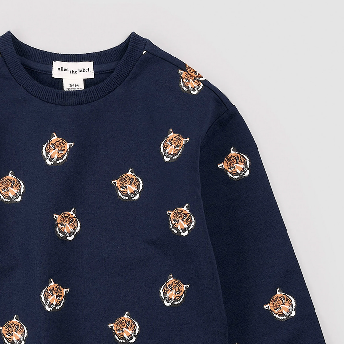 MILES THE LABEL: GO TIGERS PRINT ON BLUE SWEATSHIRT - NAVY