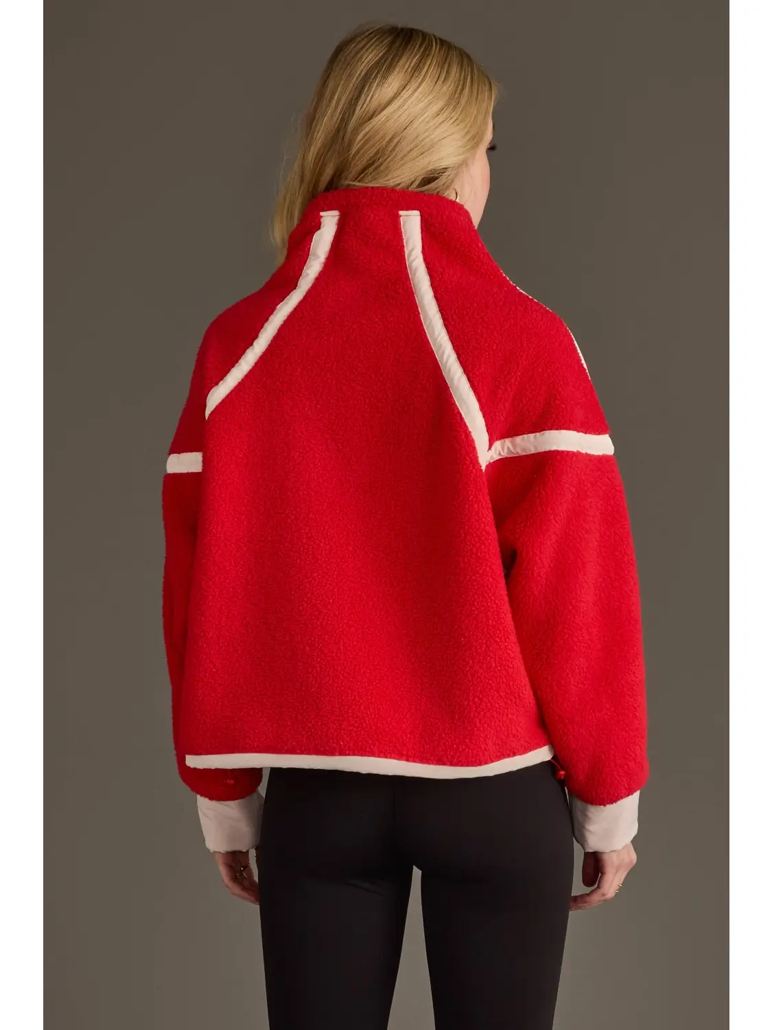 PANACHE: RED & BEIGE HALF ZIP SHERPA FLEECE SWEATSHIRT