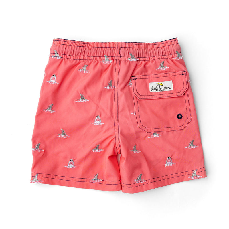 SHADE CRITTERS: SHARK BITE BOYS 4 WAY STRETCH WATER APPEARING EMBROIDERED SWIM TRUNKS
