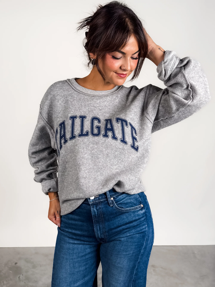 PROJECT SOCIAL T: 'TOUCHDOWN/TAILGATE' REVERSIBLE SWEATSHIRT- HEATHER GREY