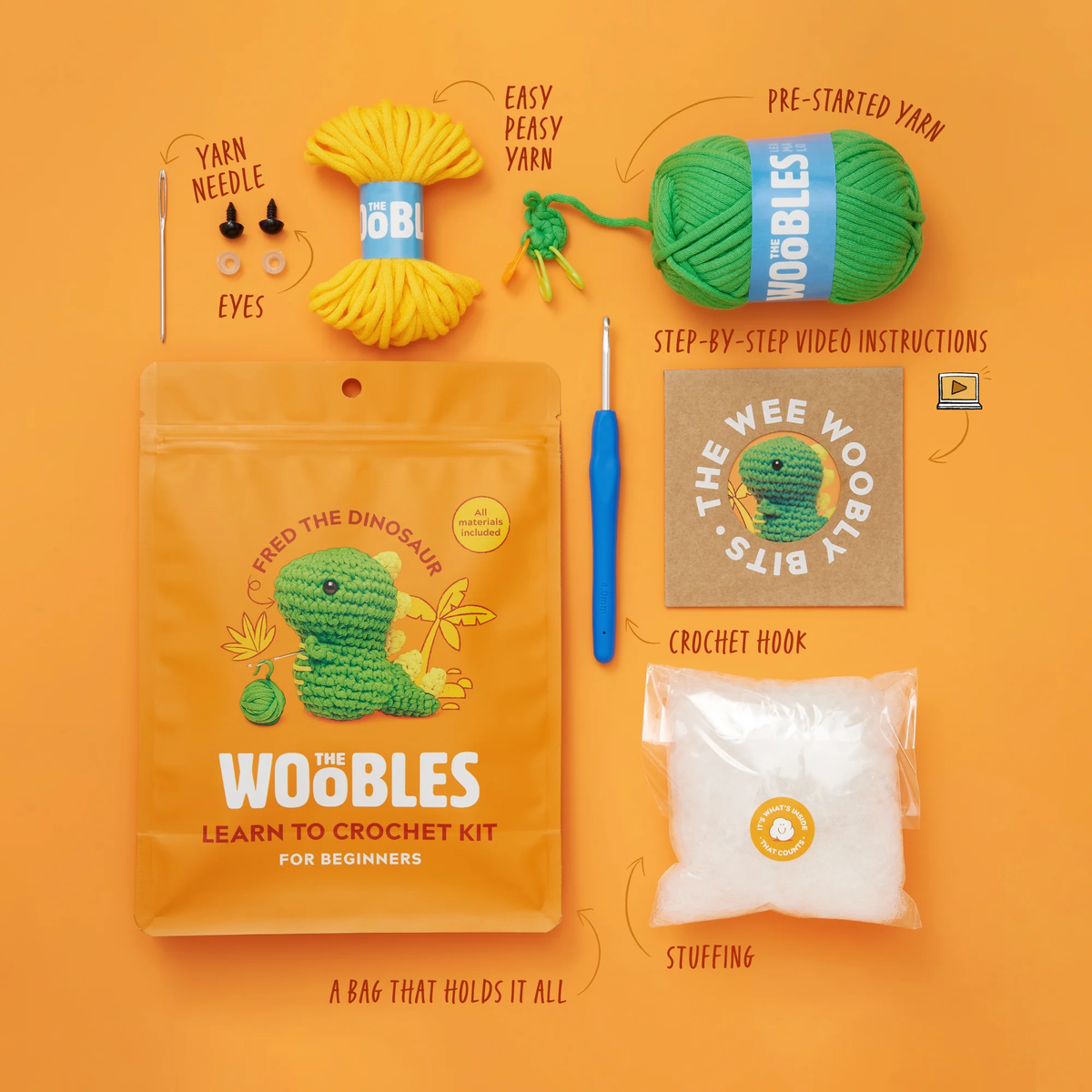 THE WOOBLES: LEARN TO CROCHET KIT - FRED THE DINOSAUR