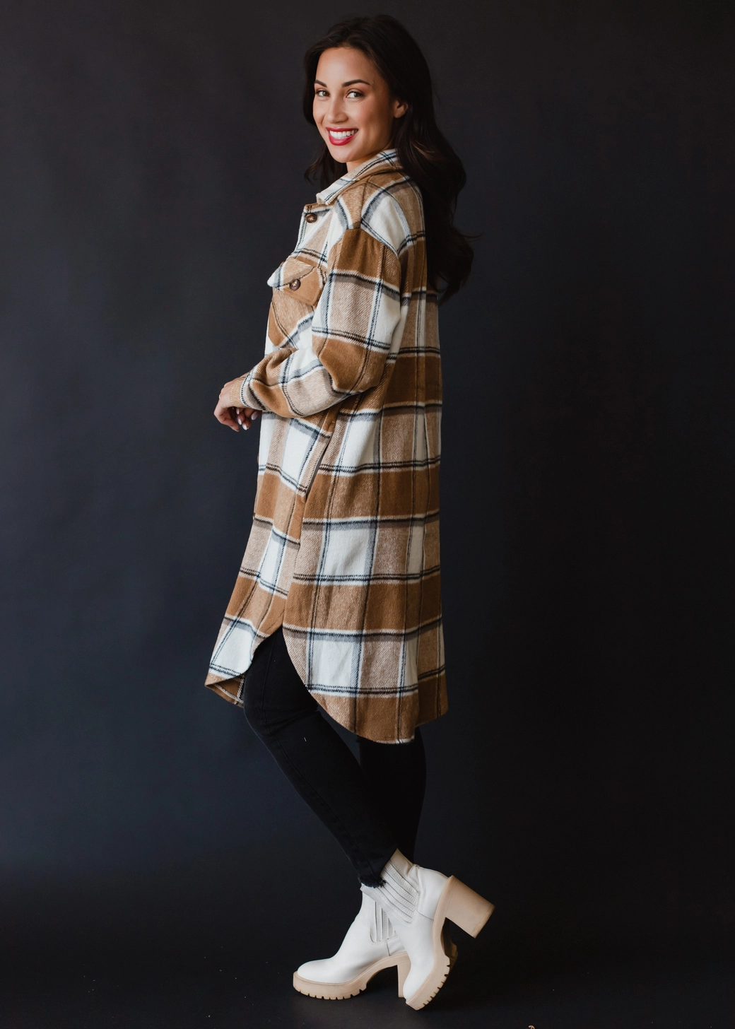 PANACHE APPAREL: TAN, CREAM, & GREY PLAID LONG FLANNEL