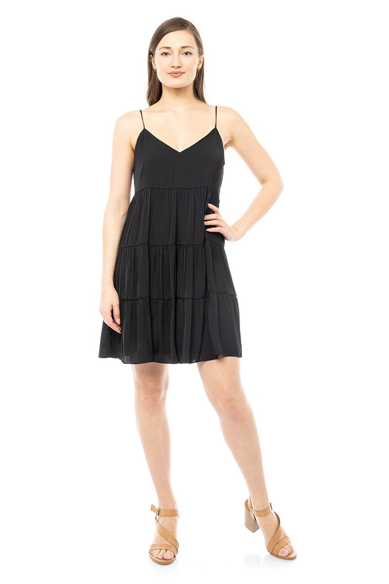 TIERED FLARE MIDI DRESS - BLACK