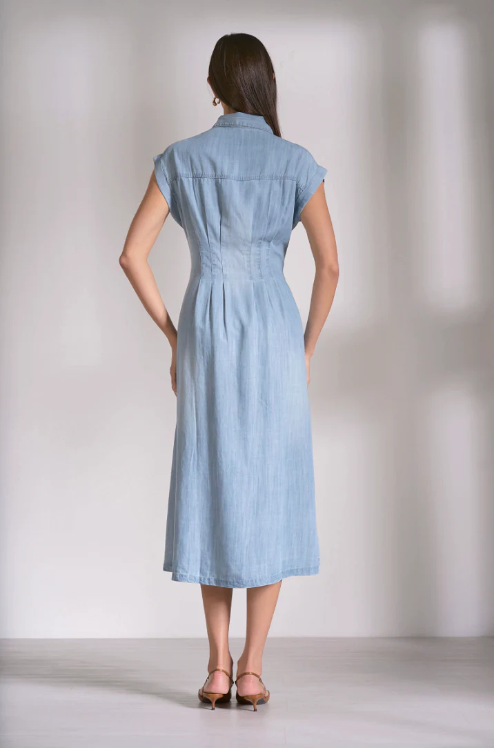 ELAN: CAP SLEEVE MIDI DRESS - CHAMBRAY