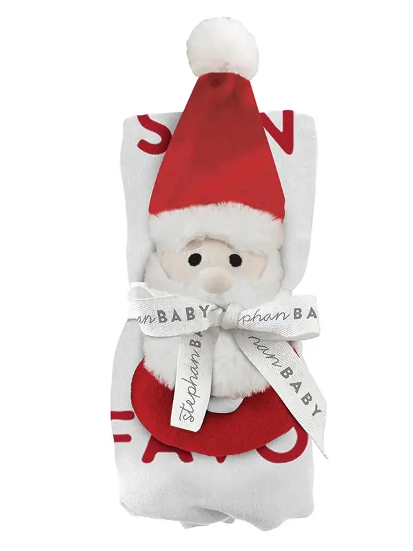 STEPHAN BABY: SWADDLE BLANKET + PLUSH SANTA RATTLE - 45" X 45"