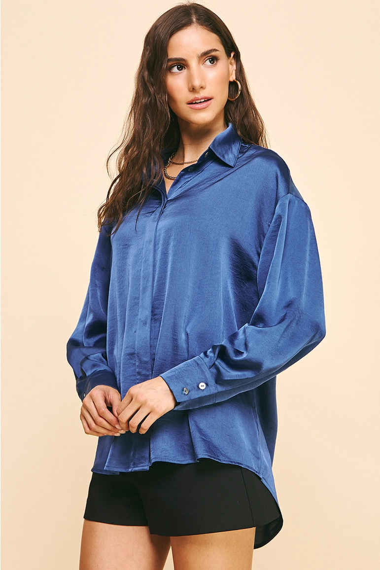 PINCH: SOLID SATIN BLOUSE TOP  - MIDNIGHT BLUE