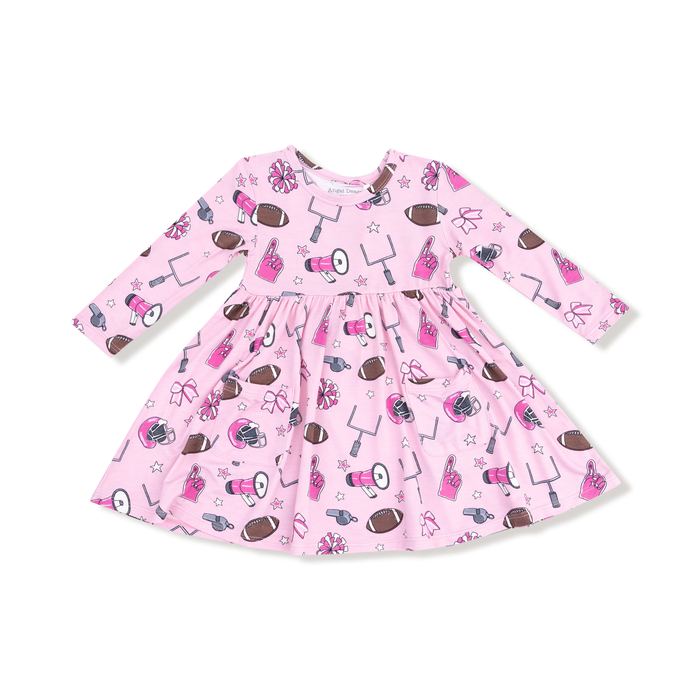 ANGEL DEAR: TWIRLY LONG SLEEVE DRESS - GAME DAY PINK