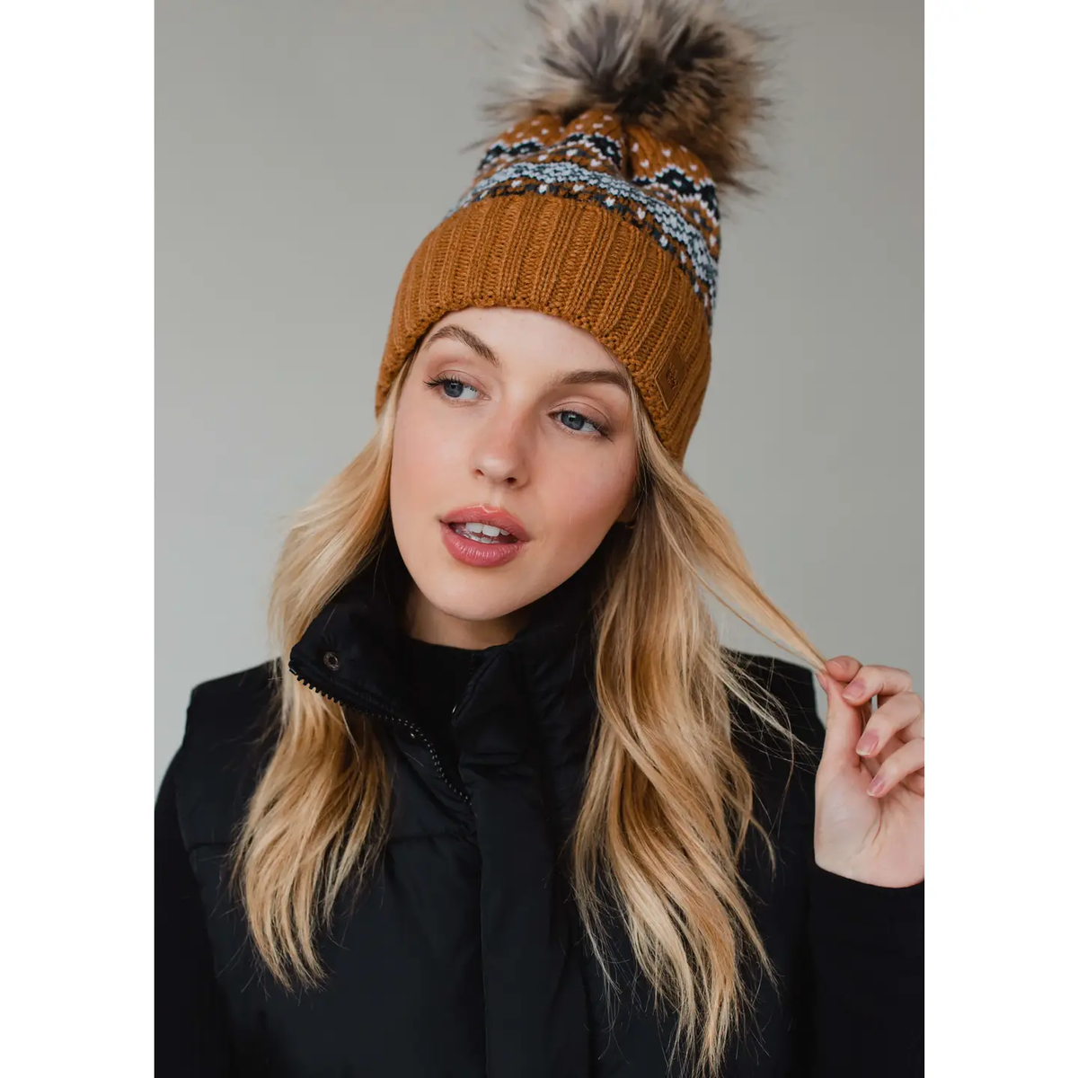 PANACHE APPAREL: CAMEL, BLACK, WHITE & BLUE PATTERNED POM HAT